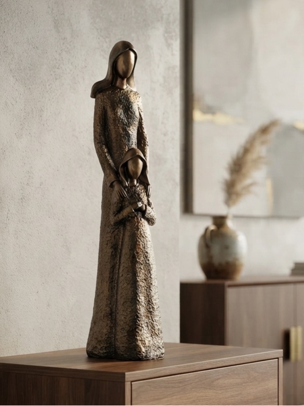 Vintage Elegant Mother and Child Sculpture, image displays a bronze-finished